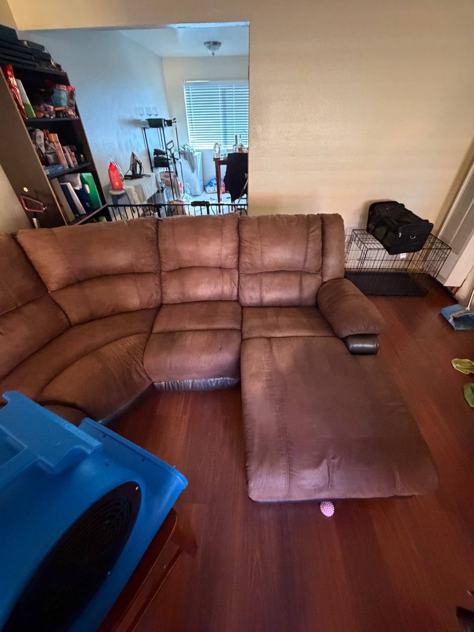After upholstery cleaning showing a cleaner sectional from a wide room angle