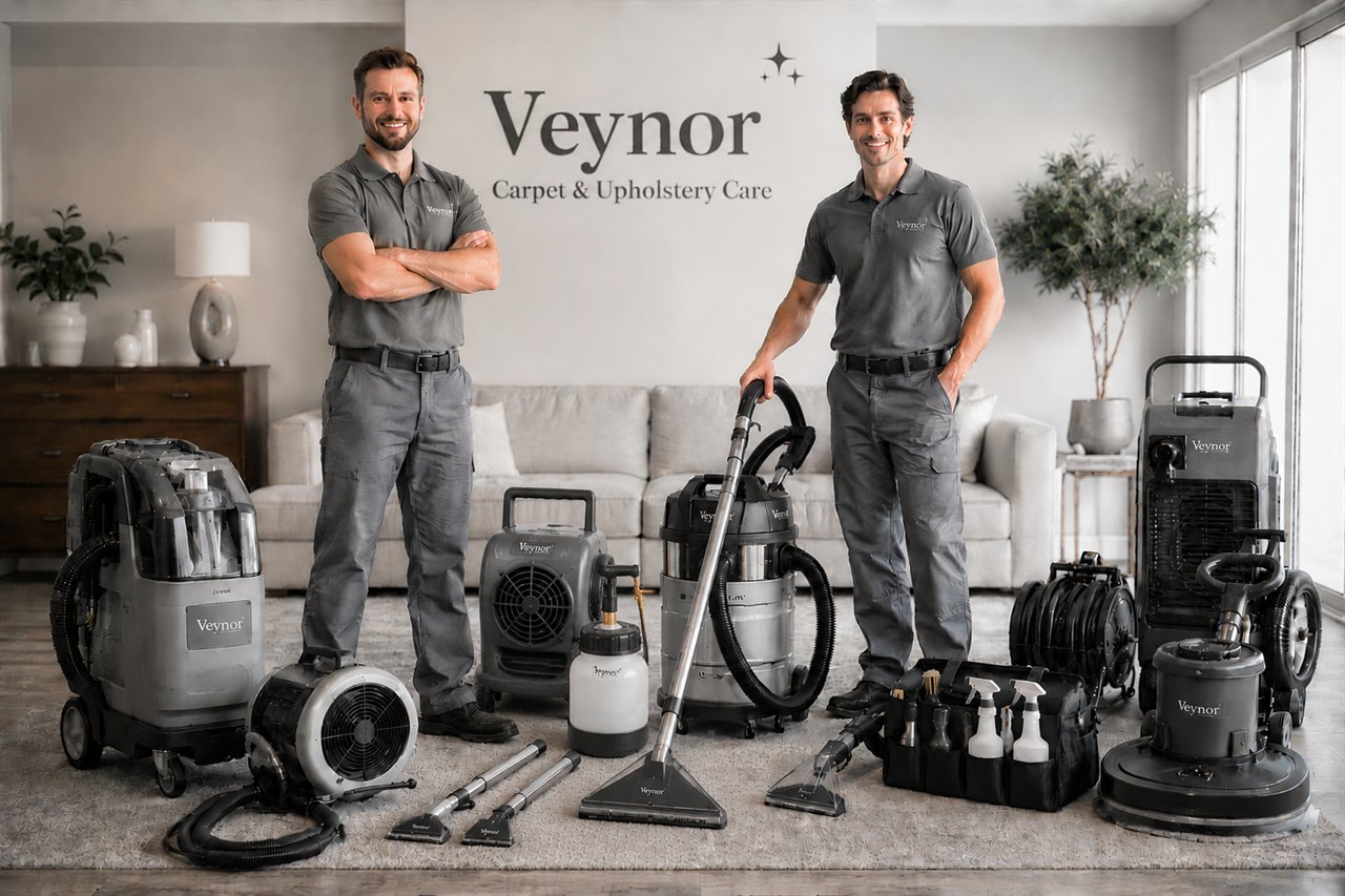 VEYNOR carpet and upholstery cleaning team standing with professional equipment in a clean living room.